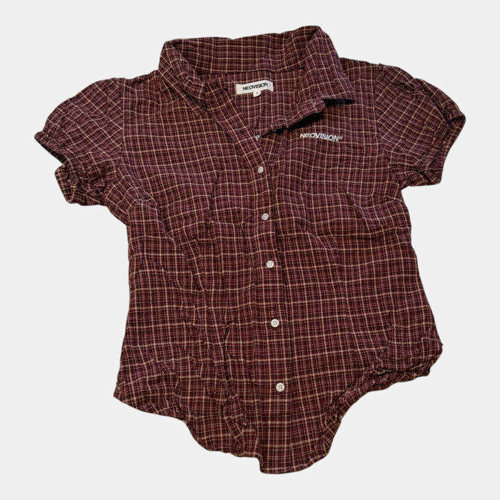 Neovision Plaid Puff Sleeve Button Up Blouse