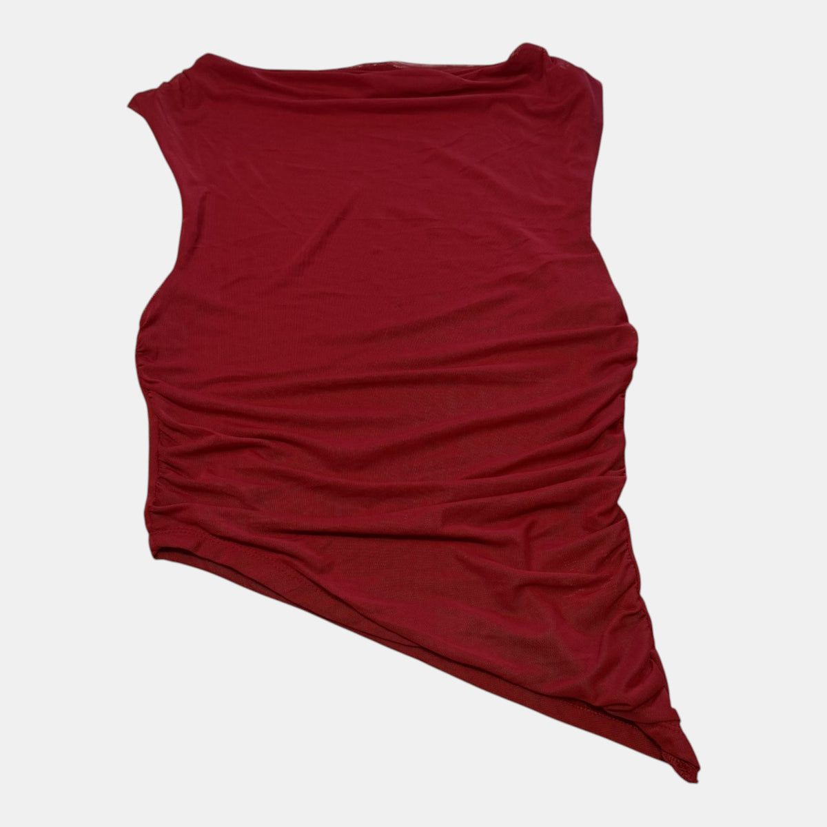 Factorie Red Ruched Asymmetrical Mesh Top.