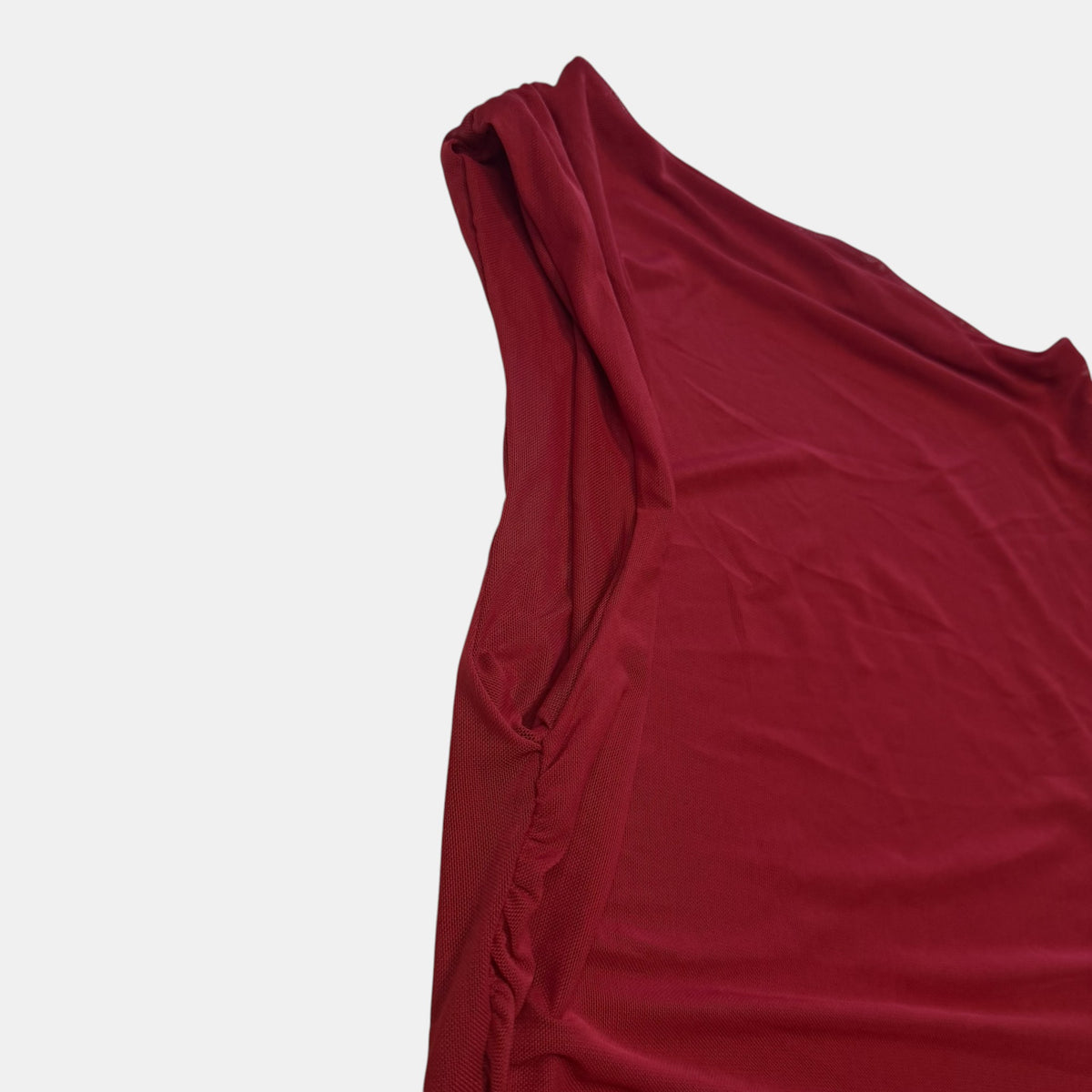 Factorie Red Ruched Asymmetrical Mesh Top.