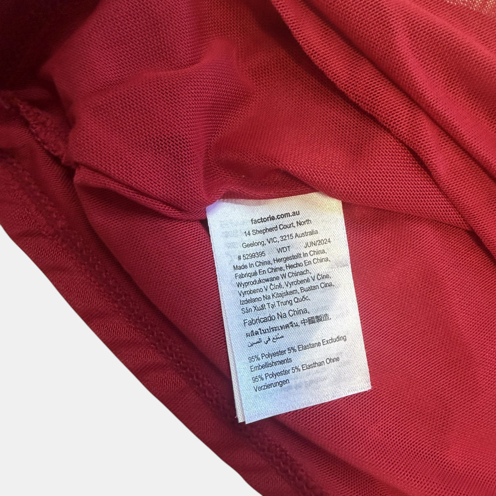 Factorie Red Ruched Asymmetrical Mesh Top.