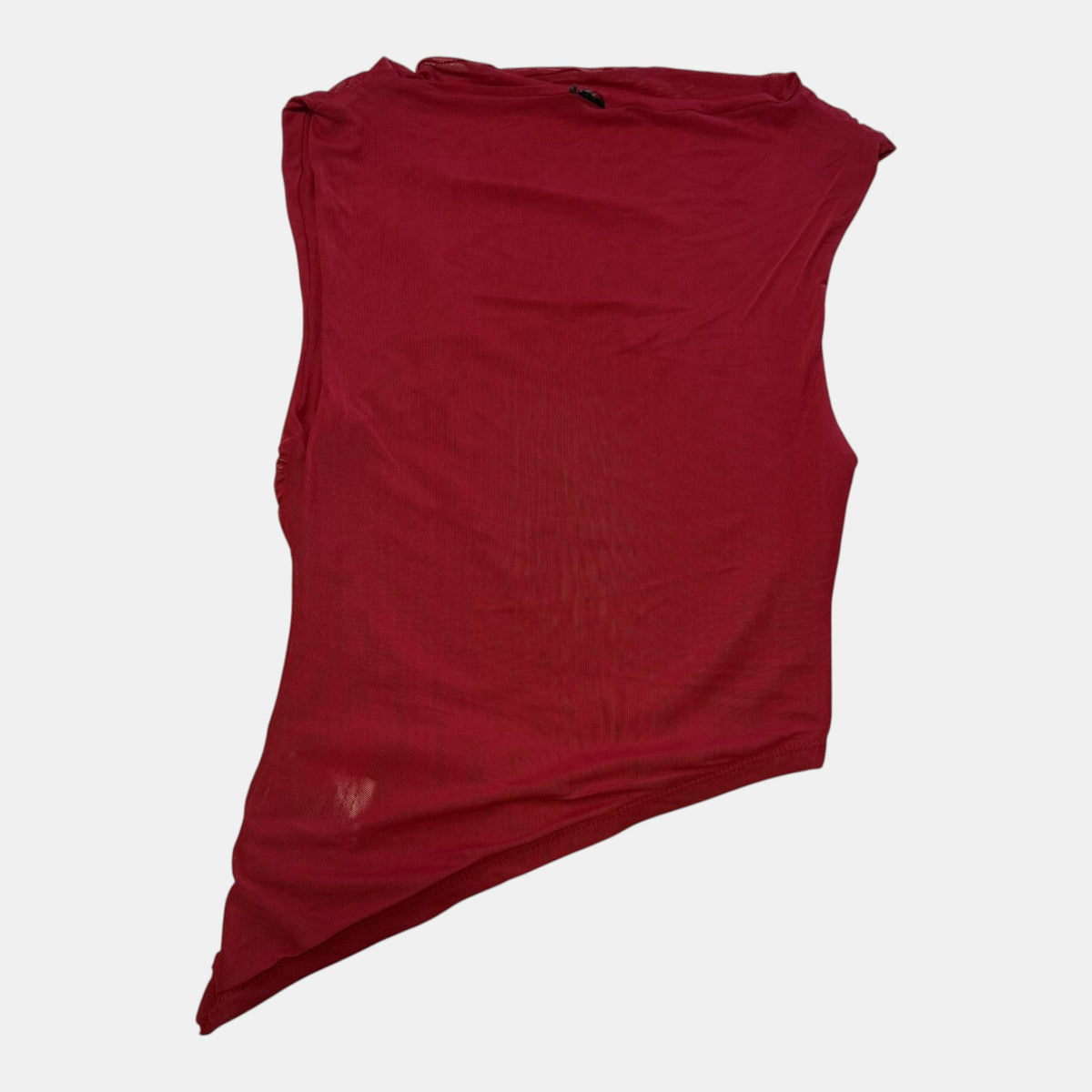 Factorie Red Ruched Asymmetrical Mesh Top.
