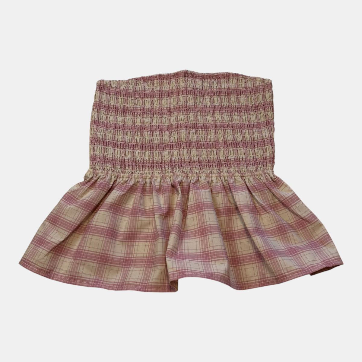 Factorie Pink Plaid Shirred Peplum Tube Top.