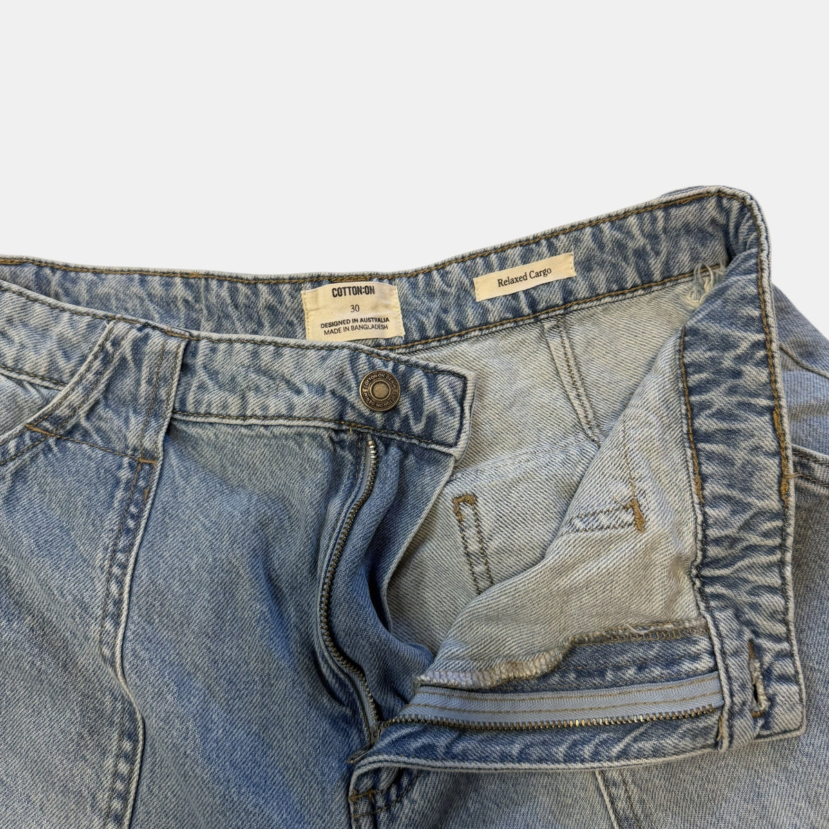 Cotton On Relaxed Fit Multi Pocket Denim Cargo Jeans.