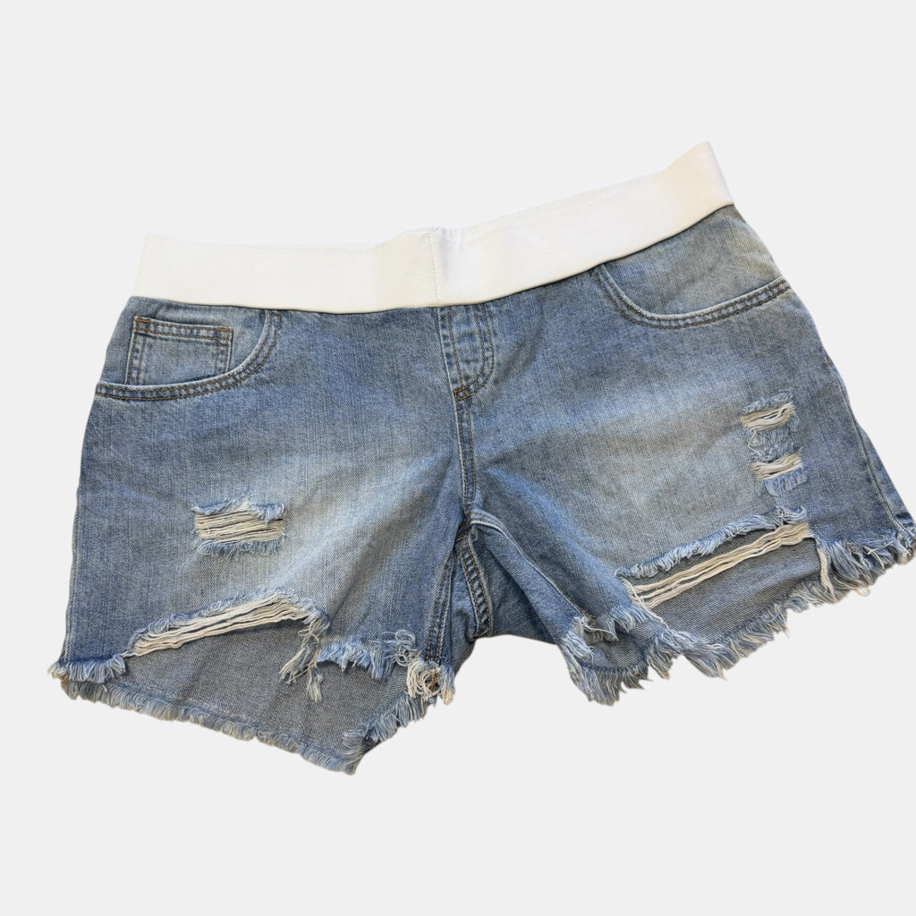 'Ripe Denim' Maternity Distressed Denim Shorts with Belly Band.