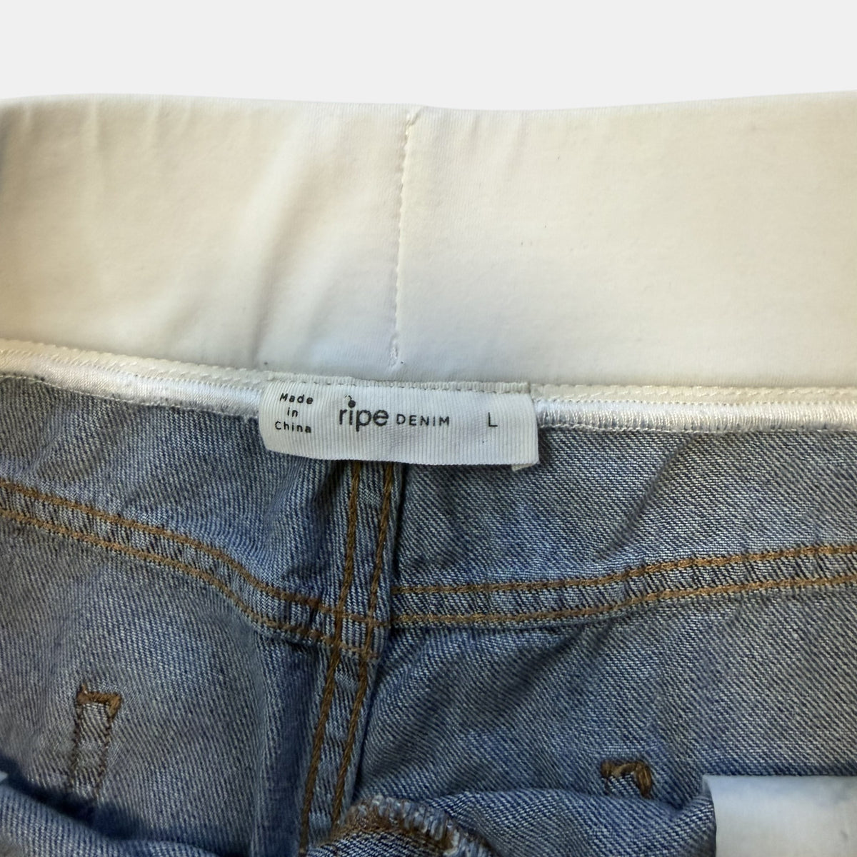 'Ripe Denim' Maternity Distressed Denim Shorts with Belly Band.