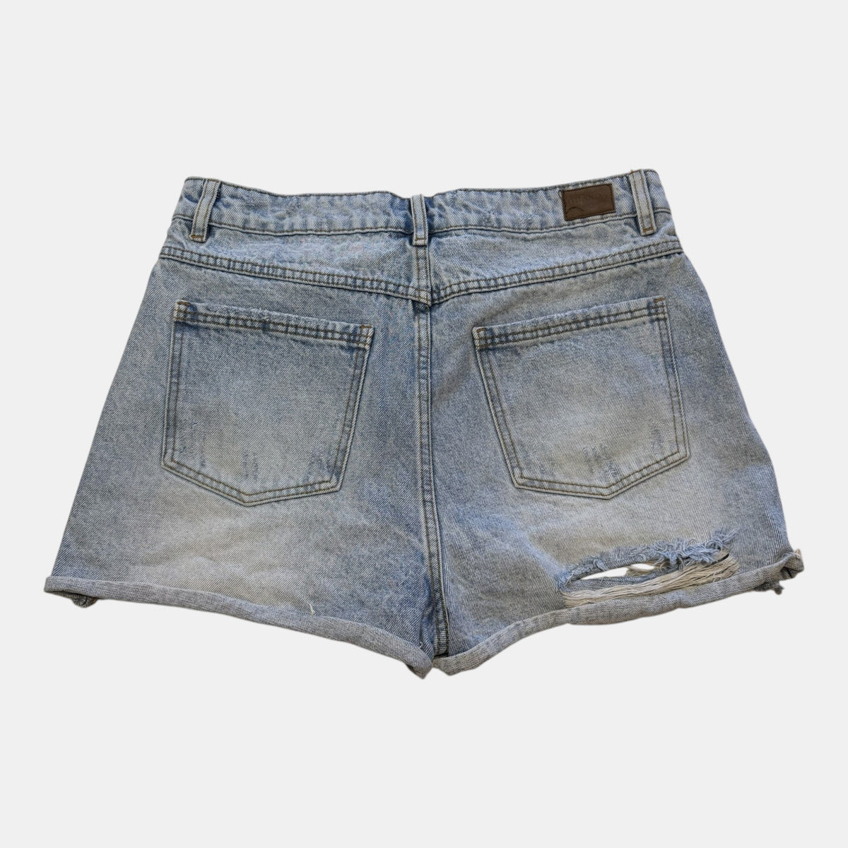Ghanda High Waisted Light Wash Distressed Denim Shorts.