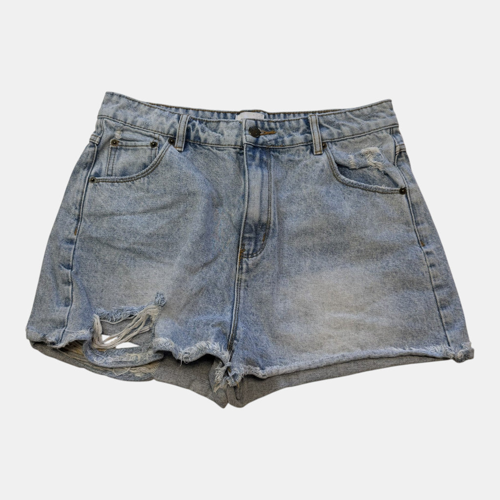 Ghanda High Waisted Light Wash Distressed Denim Shorts.