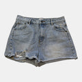Ghanda High Waisted Light Wash Distressed Denim Shorts.
