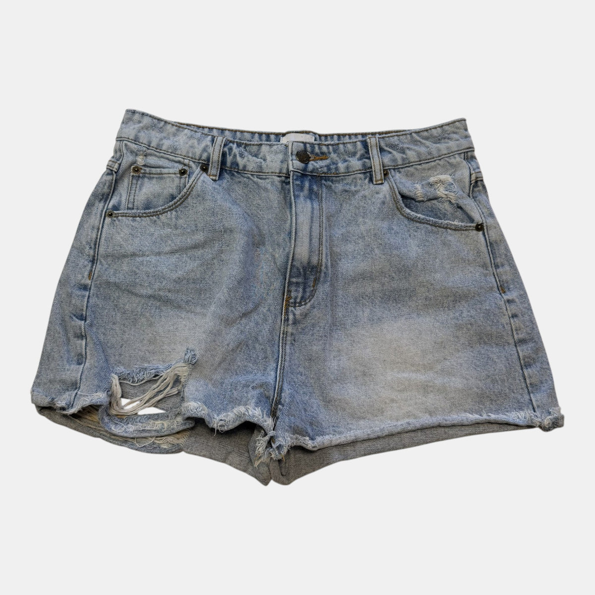 Ghanda High Waisted Light Wash Distressed Denim Shorts.