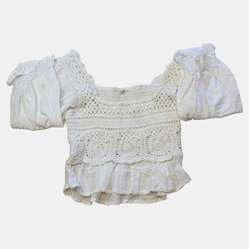 Kings Road White Crochet Long Puff Sleeve Milkmaid Peplum Top.