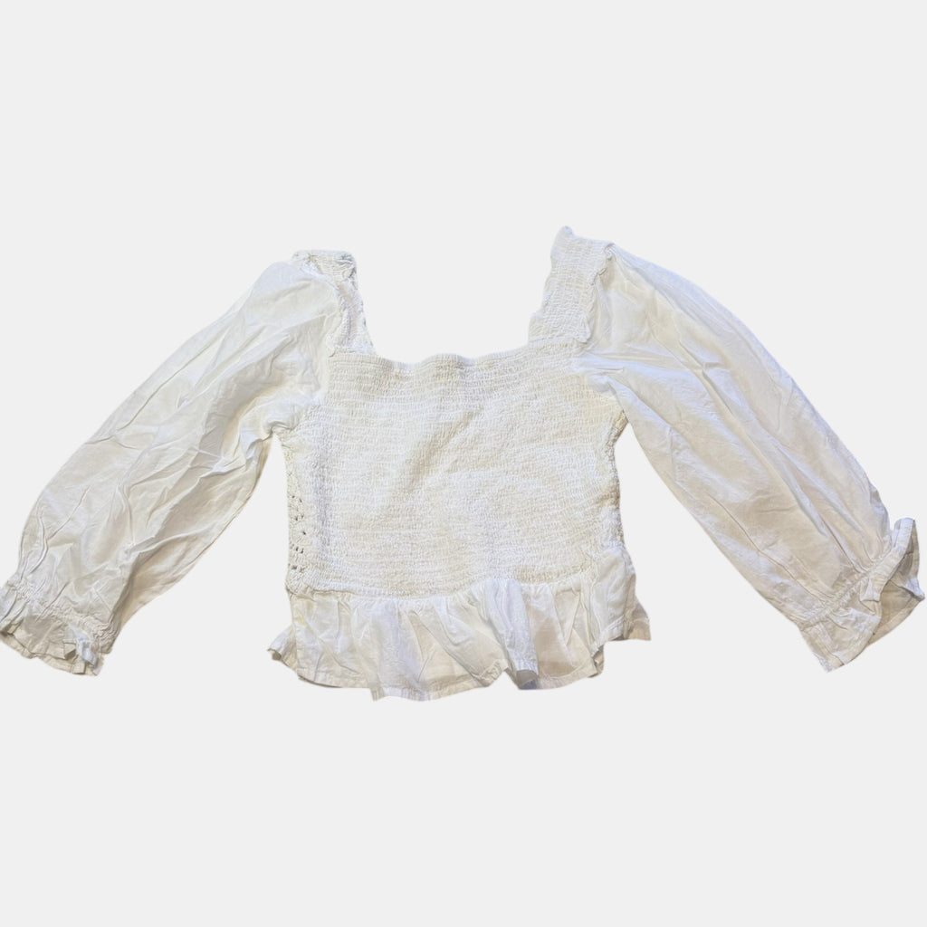 Kings Road White Crochet Long Puff Sleeve Milkmaid Peplum Top.
