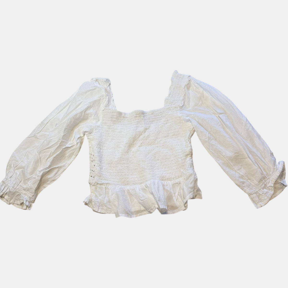 Kings Road White Crochet Long Puff Sleeve Milkmaid Peplum Top.
