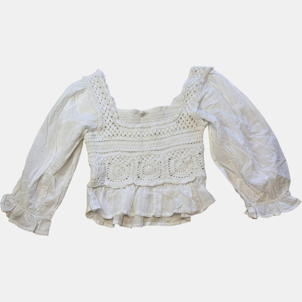 Kings Road White Crochet Long Puff Sleeve Milkmaid Peplum Top.