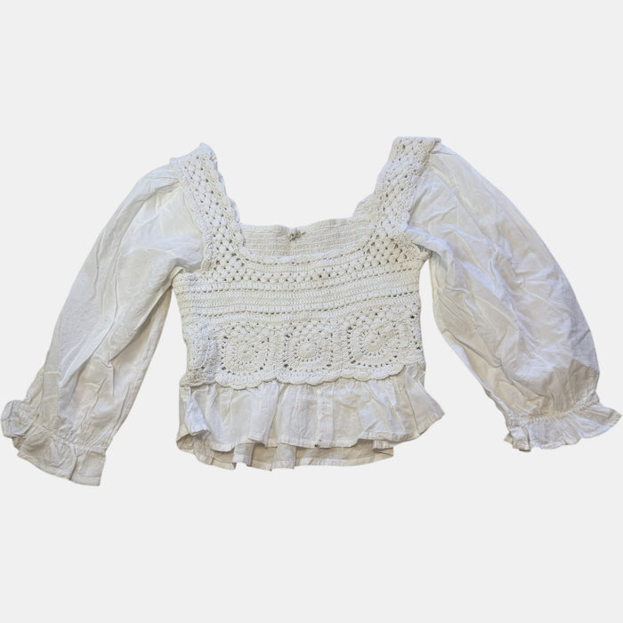 Kings Road White Crochet Long Puff Sleeve Milkmaid Peplum Top.