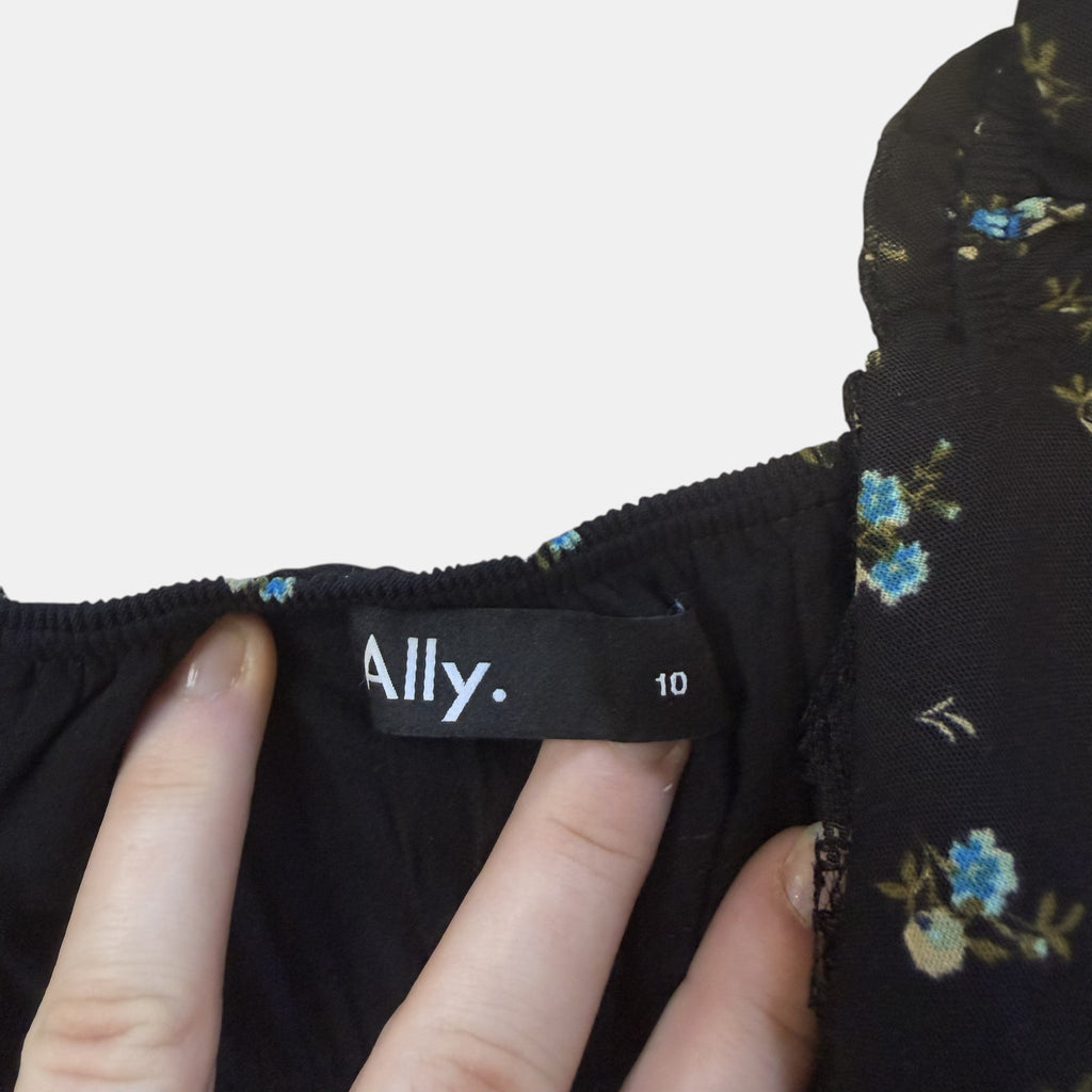Ally Fashion Black Ditsy Floral Smocked Ruffle Crop Top.