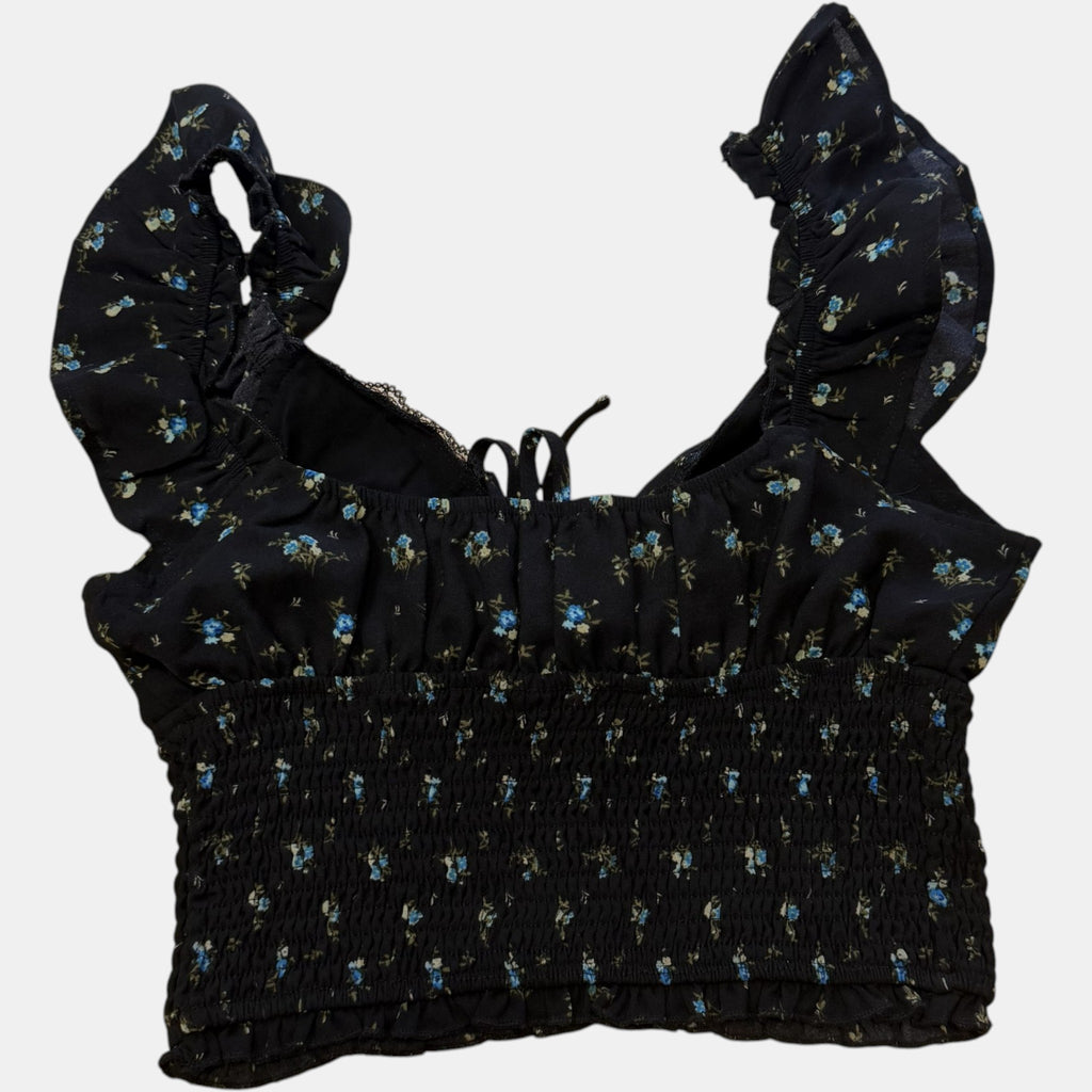Ally Fashion Black Ditsy Floral Smocked Ruffle Crop Top.