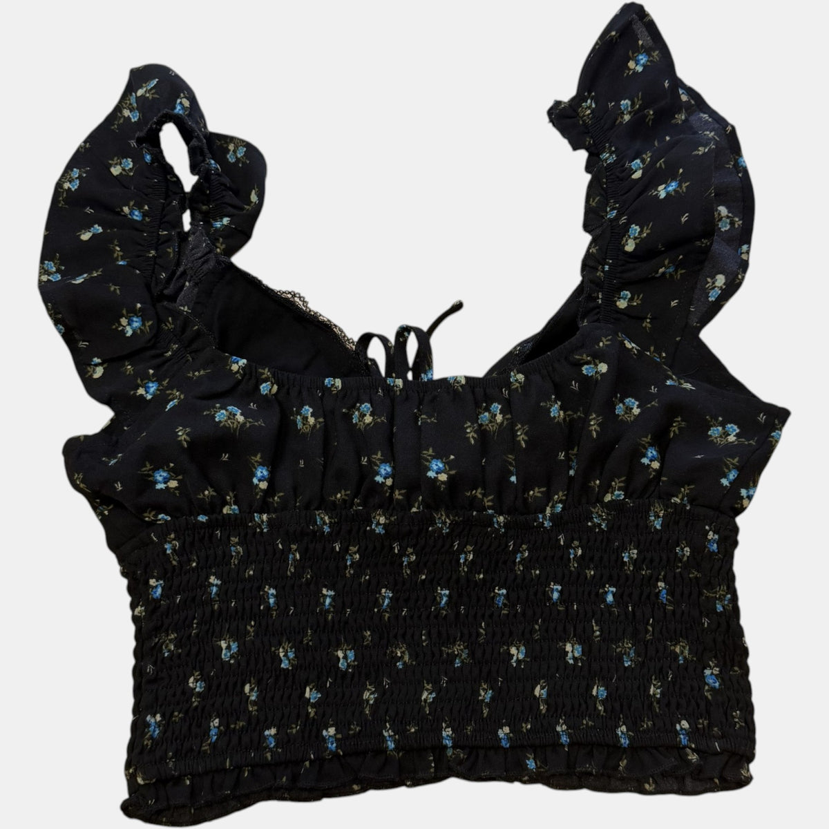 Ally Fashion Black Ditsy Floral Smocked Ruffle Crop Top.