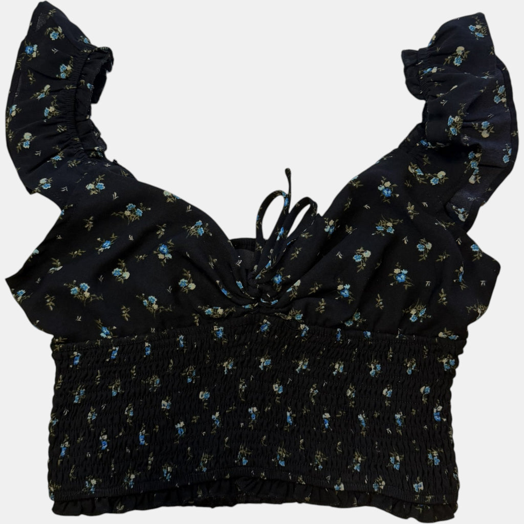 Ally Fashion Black Ditsy Floral Smocked Ruffle Crop Top.