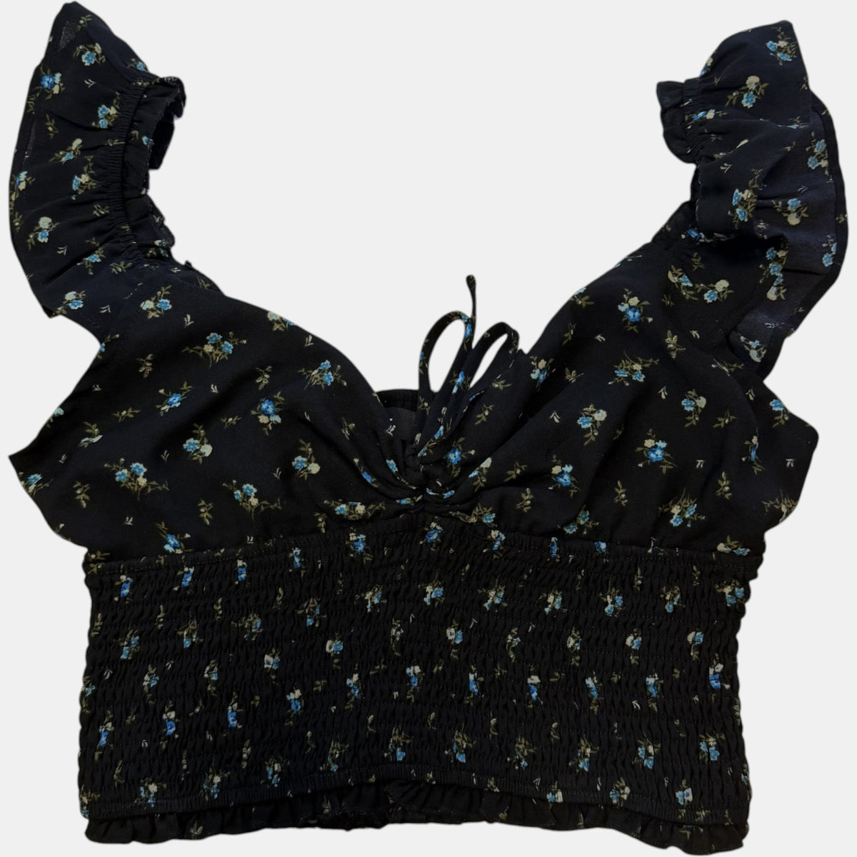 Ally Fashion Black Ditsy Floral Smocked Ruffle Crop Top.