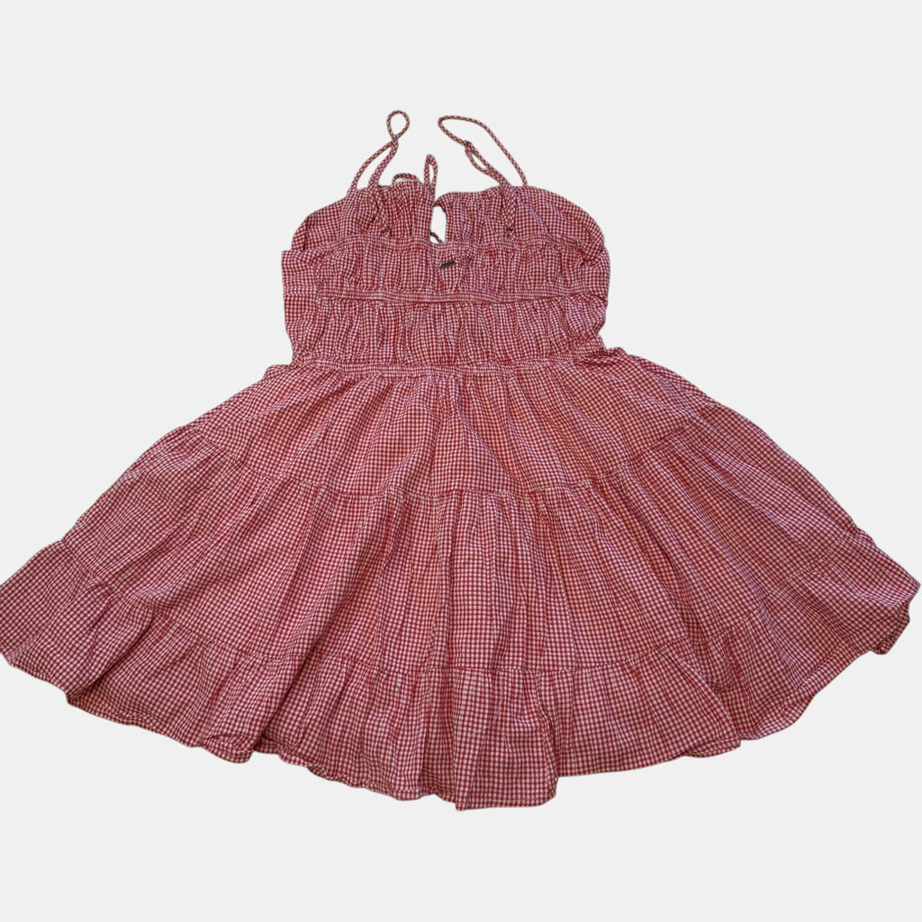 Ghanda Red and White Gingham Tiered Smocked Mini Dress.