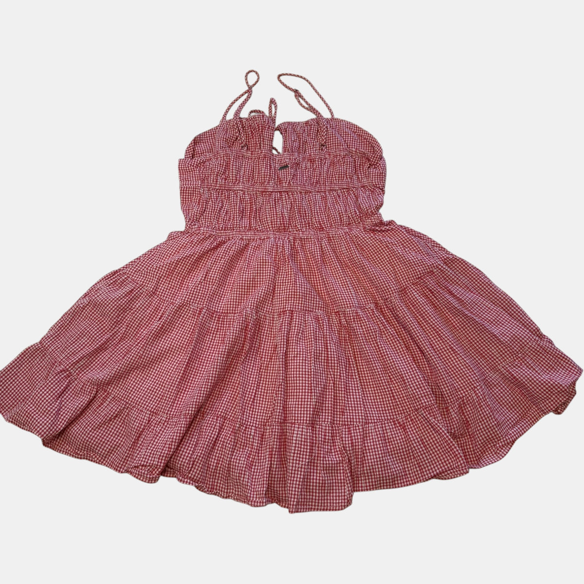 Ghanda Red and White Gingham Tiered Smocked Mini Dress.