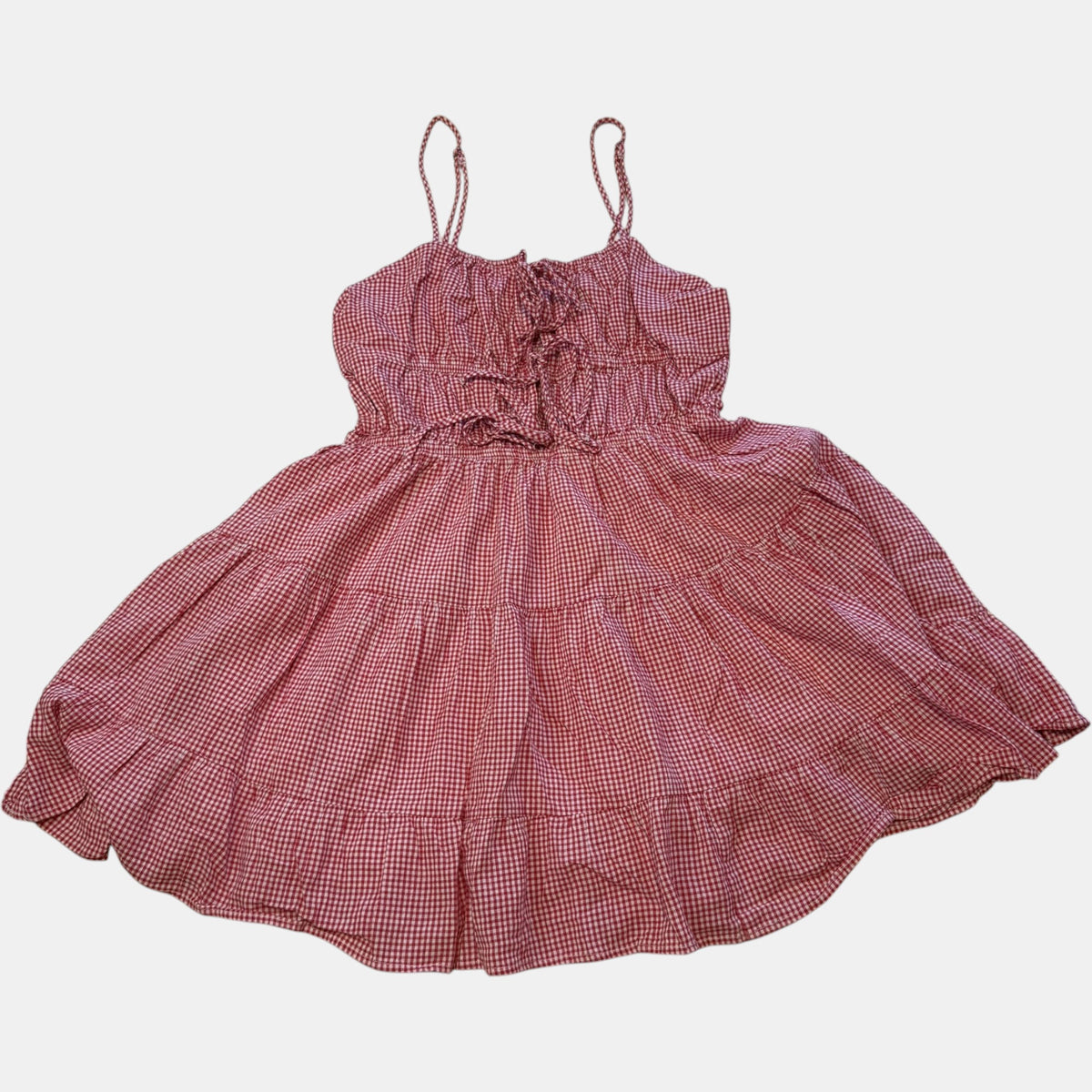 Ghanda Red and White Gingham Tiered Smocked Mini Dress.