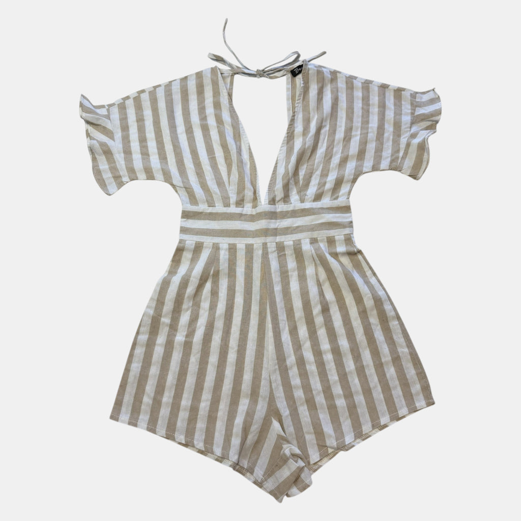 Burans Beige and White Vertical Striped Plunging