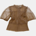 Valleygirl Tan Beige Sheer Tulle Mesh Ruffle Smocked Puff Sleeve Top.