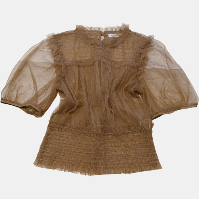 Valleygirl Tan Beige Sheer Tulle Mesh Ruffle Smocked Puff Sleeve Top.