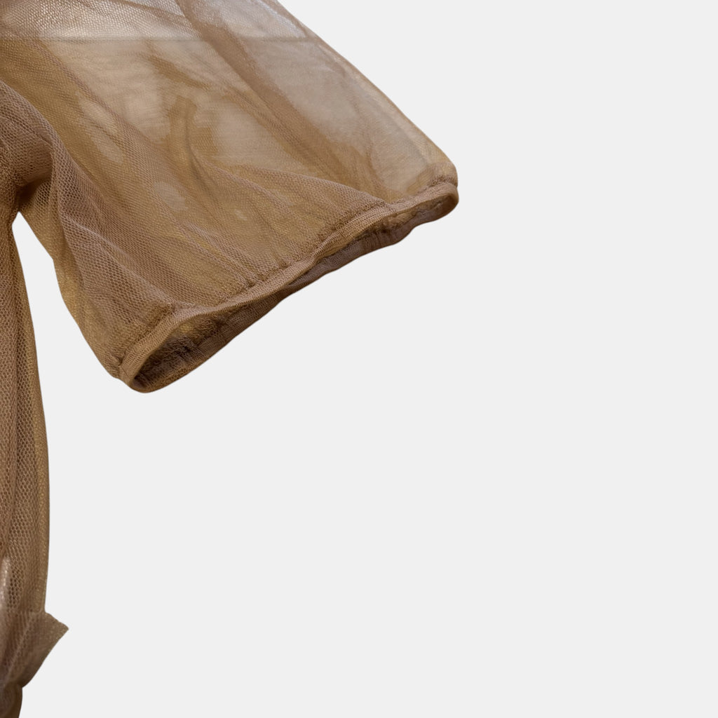 Valleygirl Tan Beige Sheer Tulle Mesh Ruffle Smocked Puff Sleeve Top.