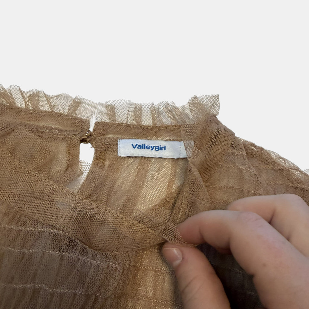 Valleygirl Tan Beige Sheer Tulle Mesh Ruffle Smocked Puff Sleeve Top.