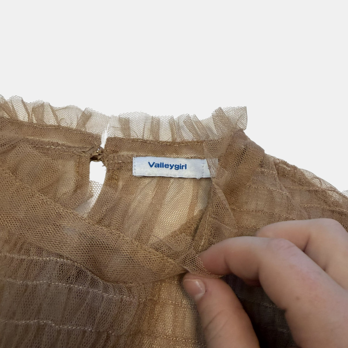 Valleygirl Tan Beige Sheer Tulle Mesh Ruffle Smocked Puff Sleeve Top.