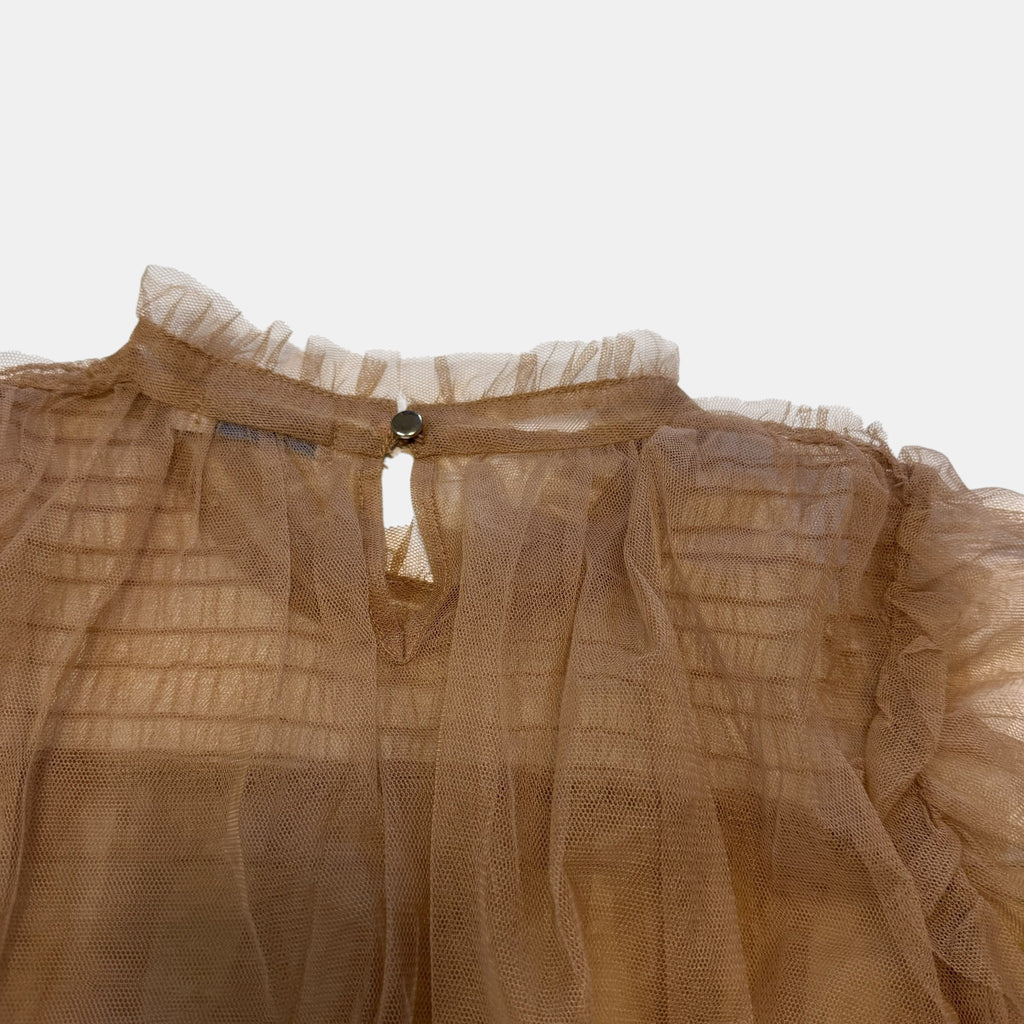 Valleygirl Tan Beige Sheer Tulle Mesh Ruffle Smocked Puff Sleeve Top.