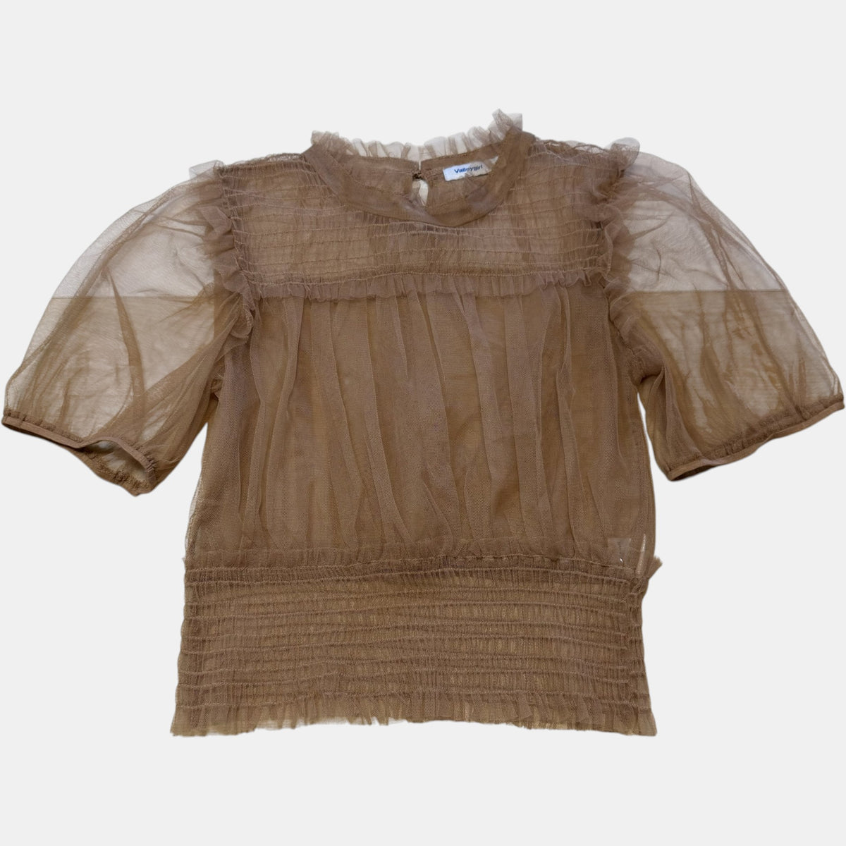 Valleygirl Tan Beige Sheer Tulle Mesh Ruffle Smocked Puff Sleeve Top.
