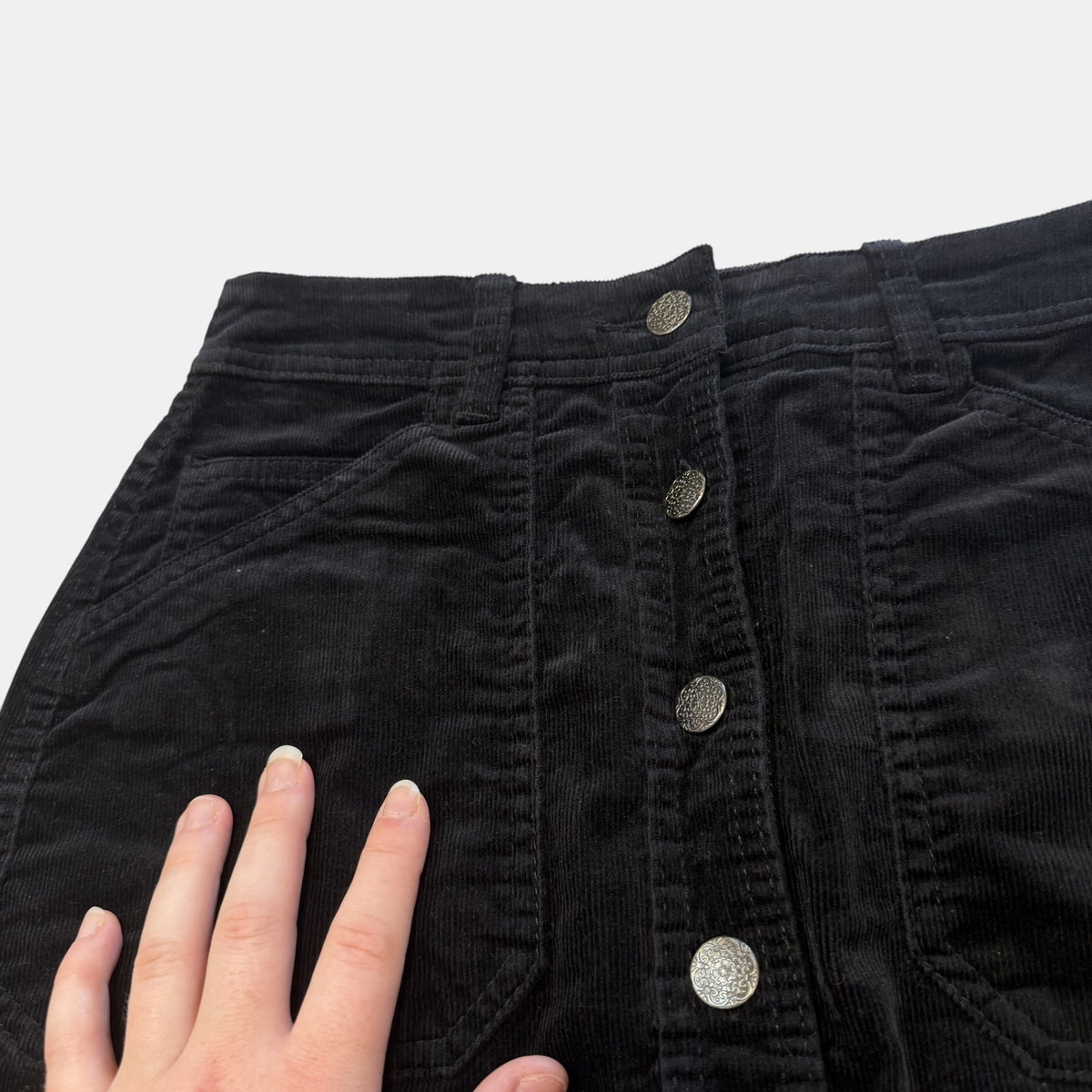 Papaya Weekend Black Corduroy Button Front Mini Skirt.
