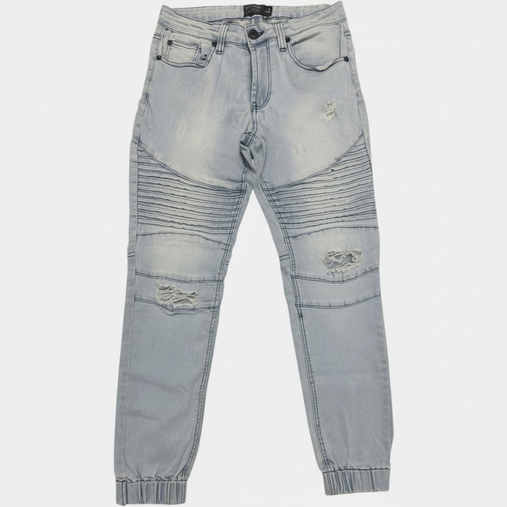 Light Wash Distressed Moto Denim Joggers
