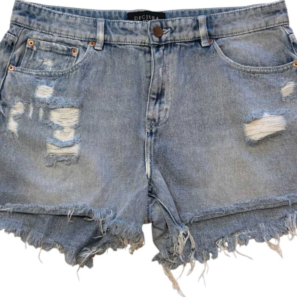 Decjuba Denim Light Wash Heavily Distressed Denim Shorts