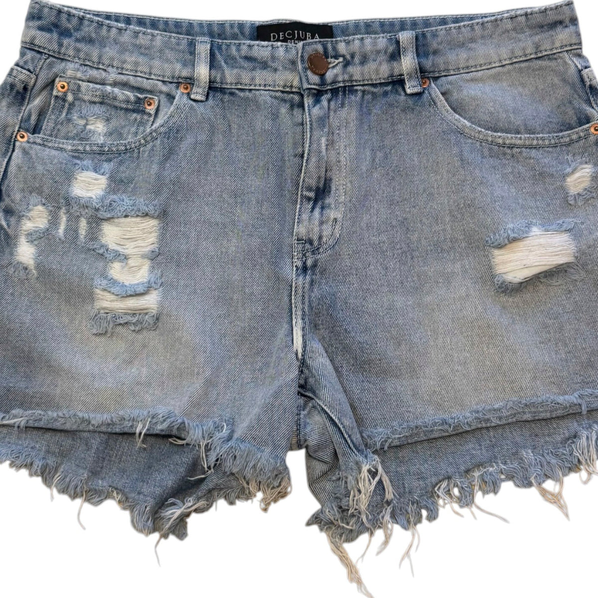 Decjuba Denim Light Wash Heavily Distressed Denim Shorts