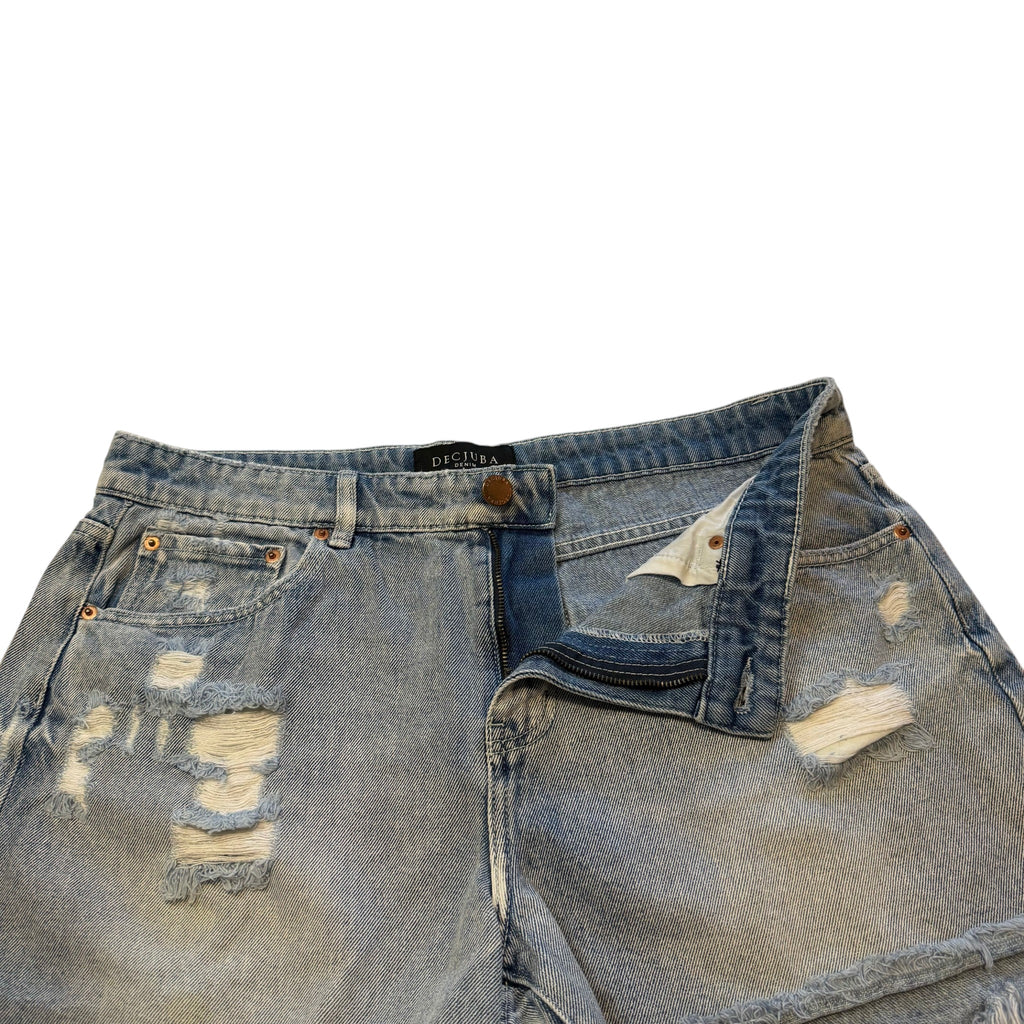 Decjuba Denim Light Wash Heavily Distressed Denim Shorts