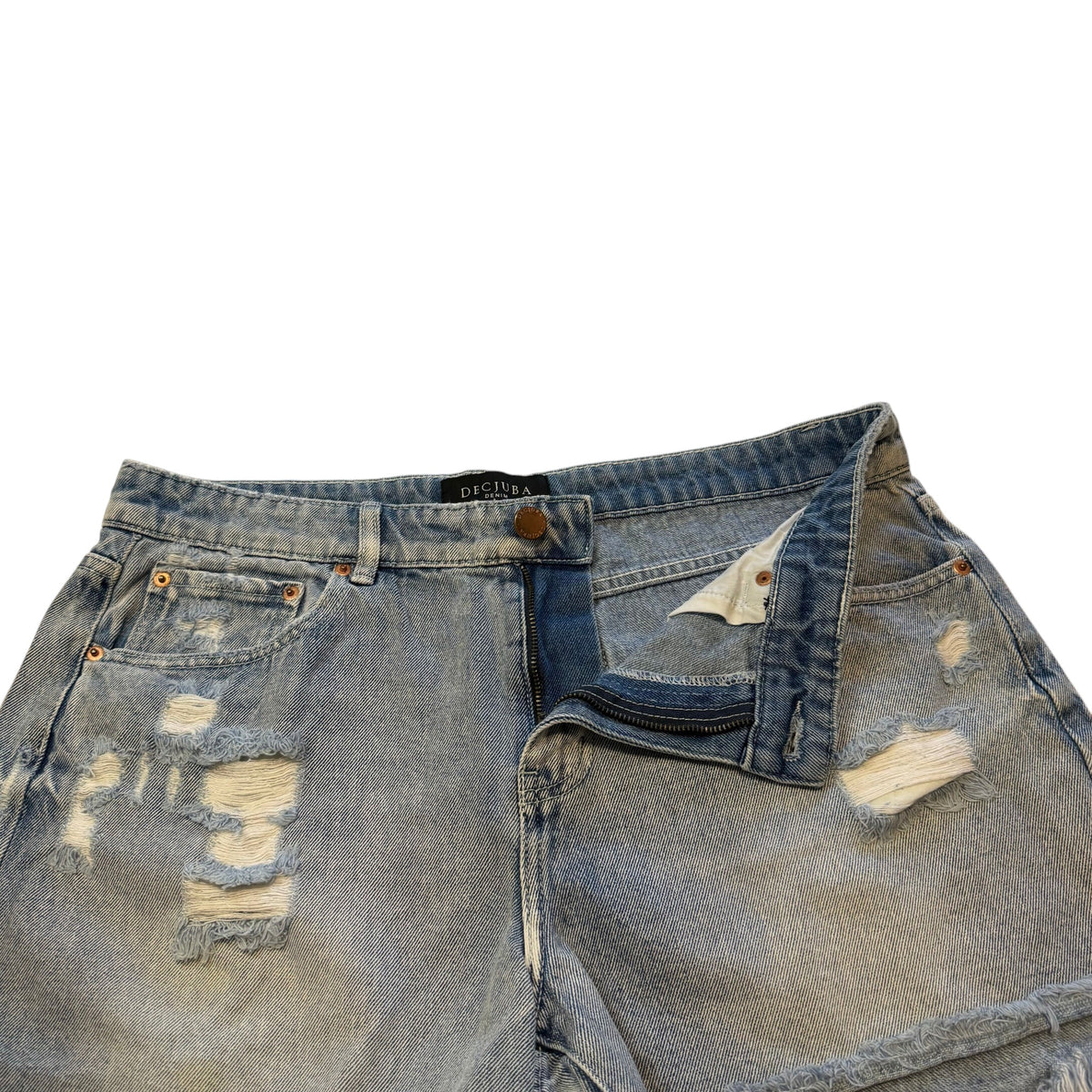 Decjuba Denim Light Wash Heavily Distressed Denim Shorts