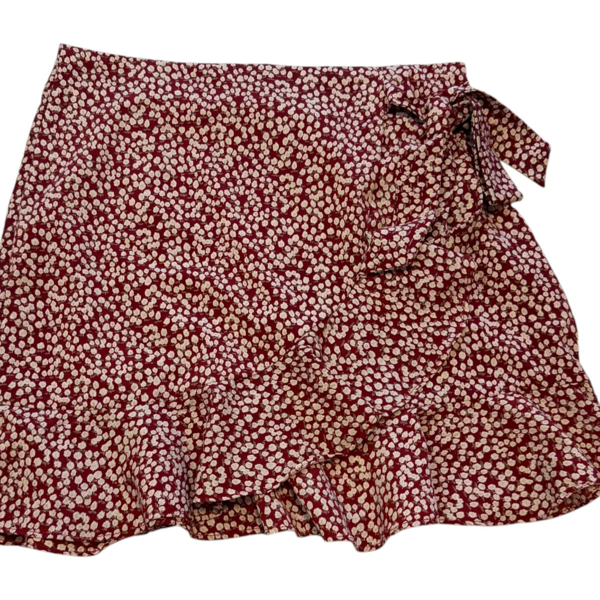 AVA Burgundy Floral Faux Wrap Ruffle Mini Skirt