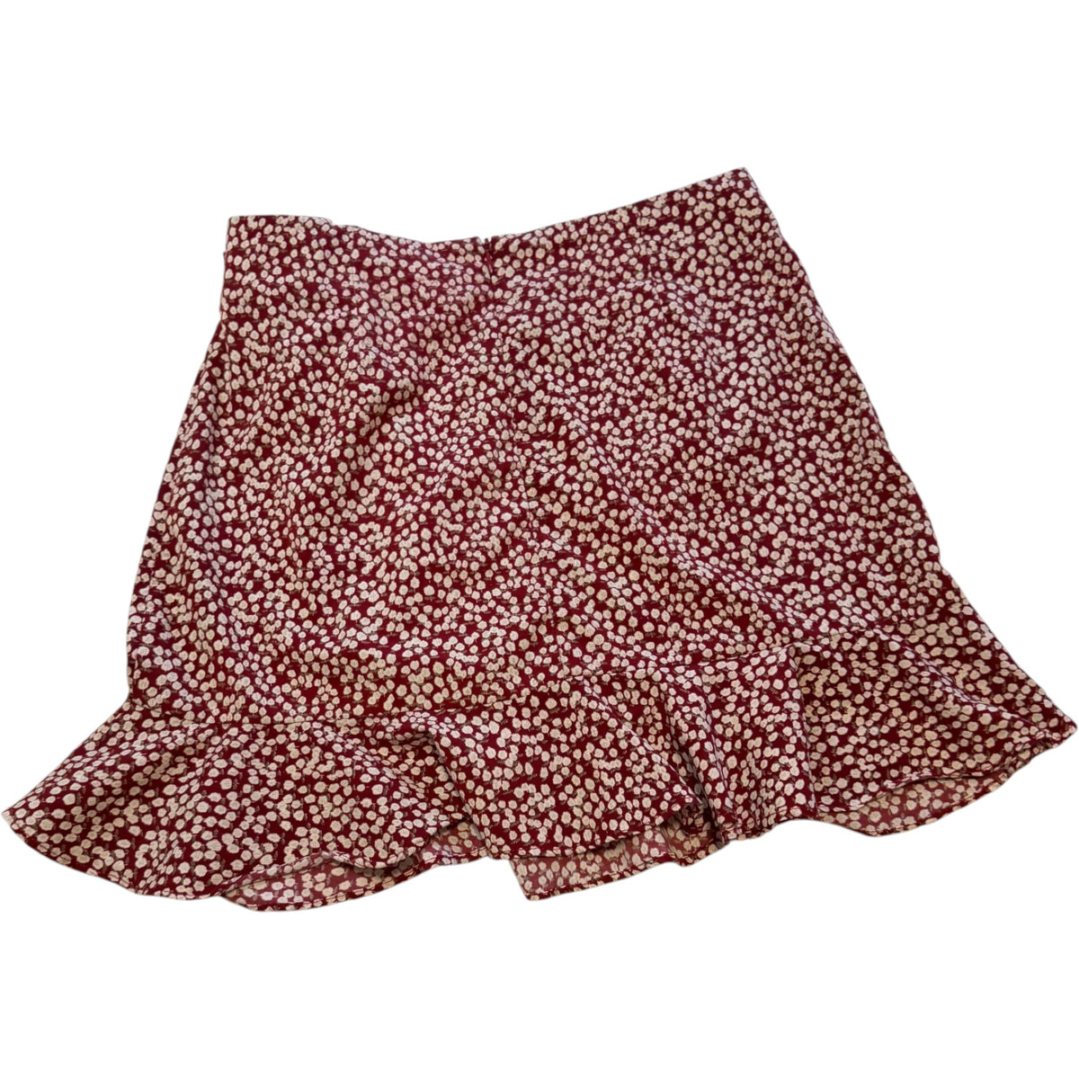 AVA Burgundy Floral Faux Wrap Ruffle Mini Skirt