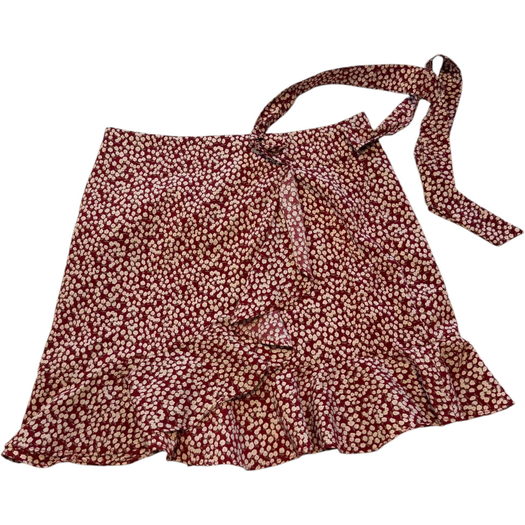 AVA Burgundy Floral Faux Wrap Ruffle Mini Skirt