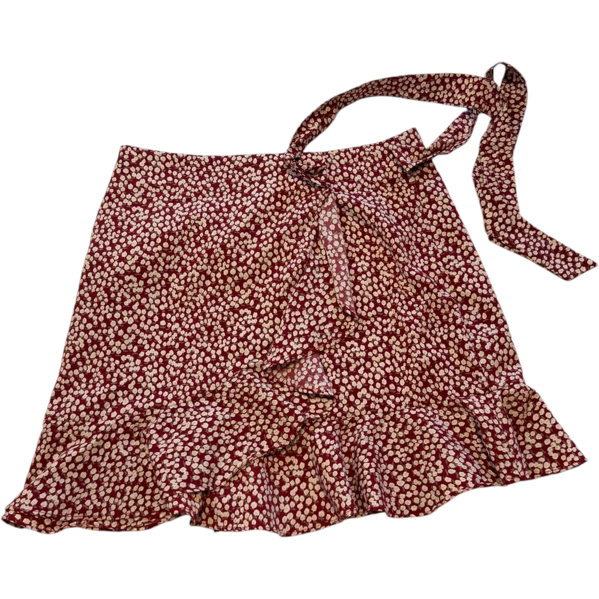 AVA Burgundy Floral Faux Wrap Ruffle Mini Skirt