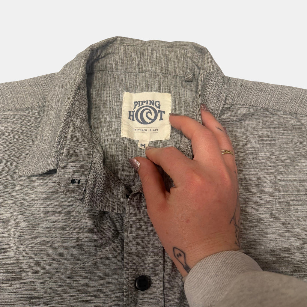 Piping Hot Short Sleeve Button Up Shirt Grey Textured Slub