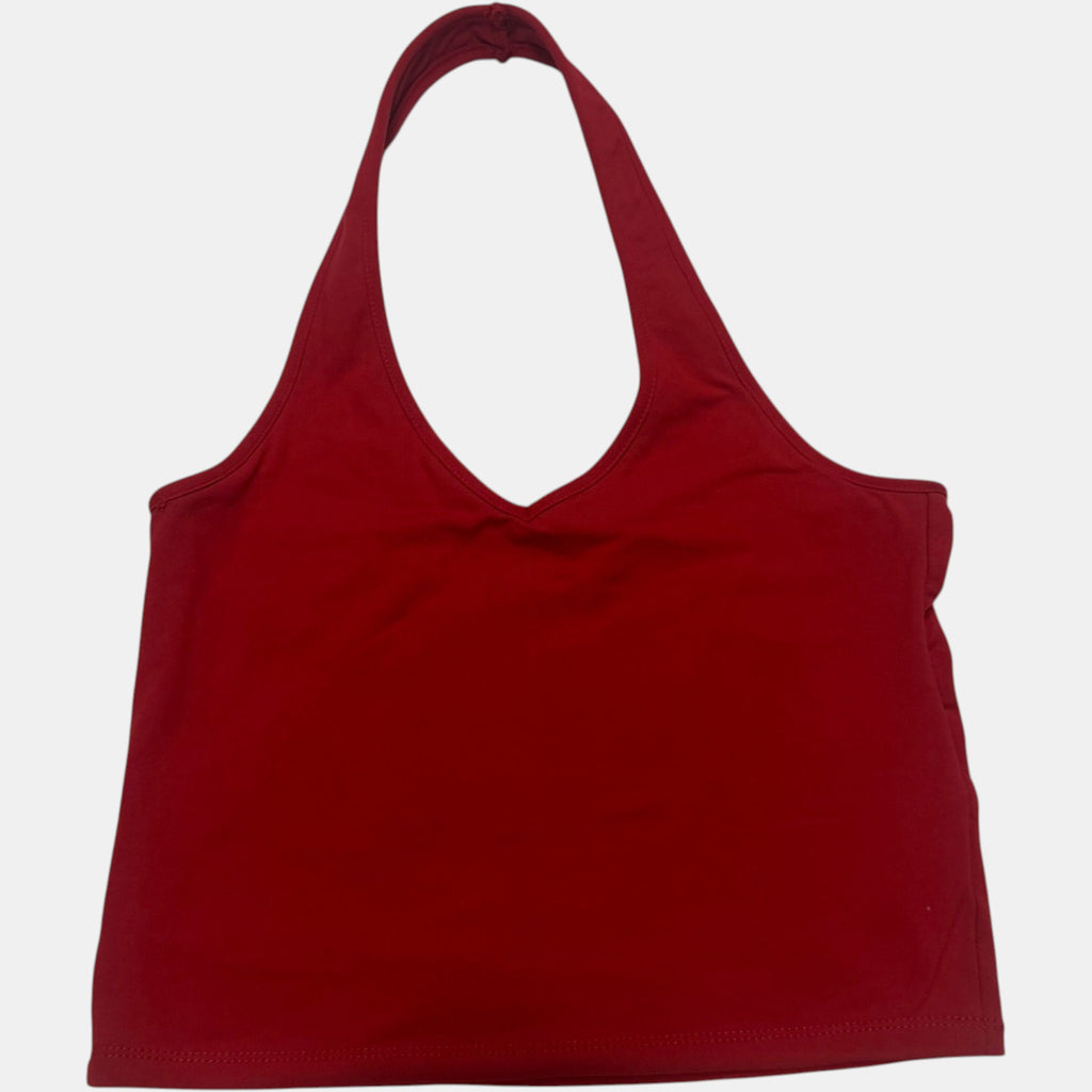 Factorie Halter Neck Crop Top V Neck Sleeveless Deep Red