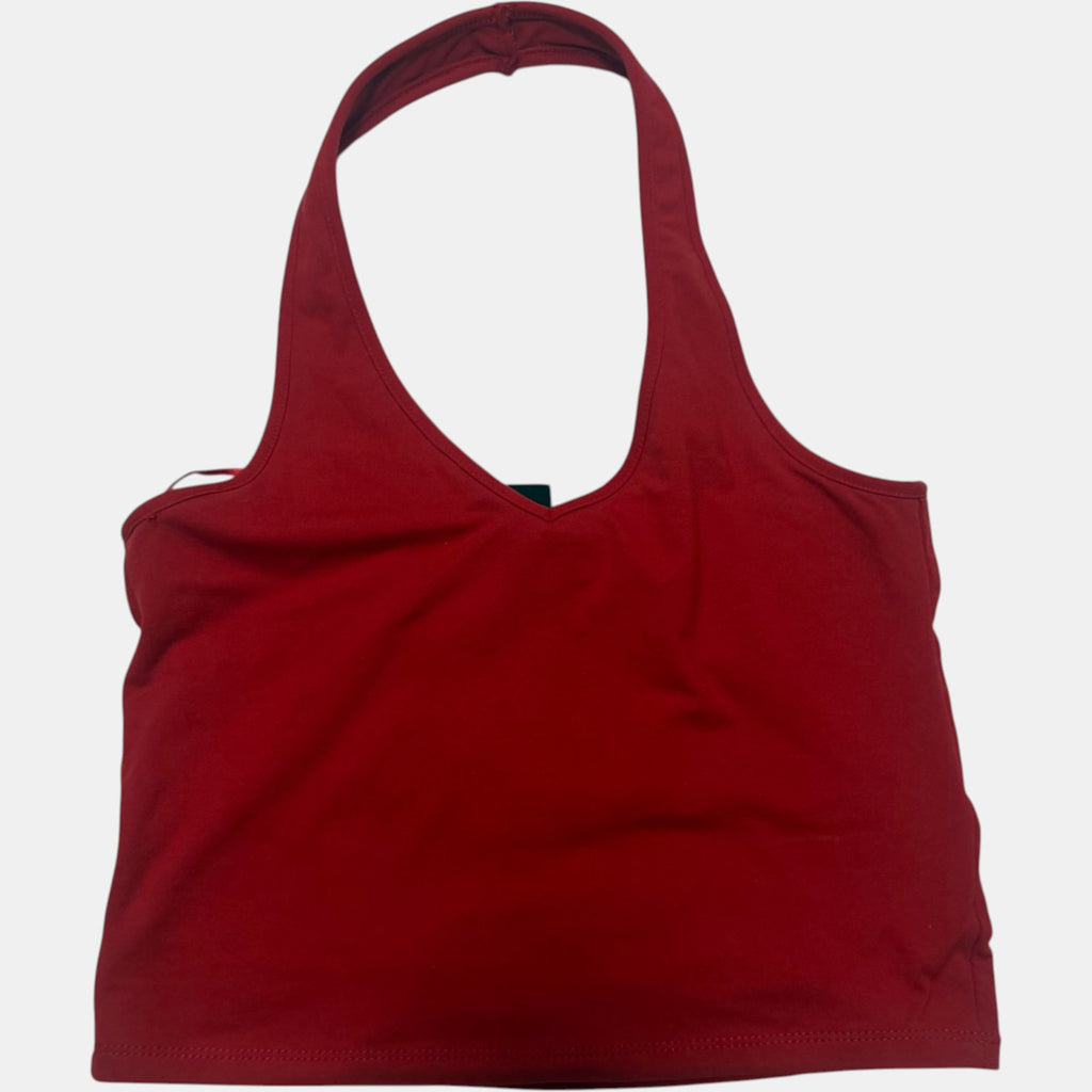 Factorie Halter Neck Crop Top V Neck Sleeveless Deep Red