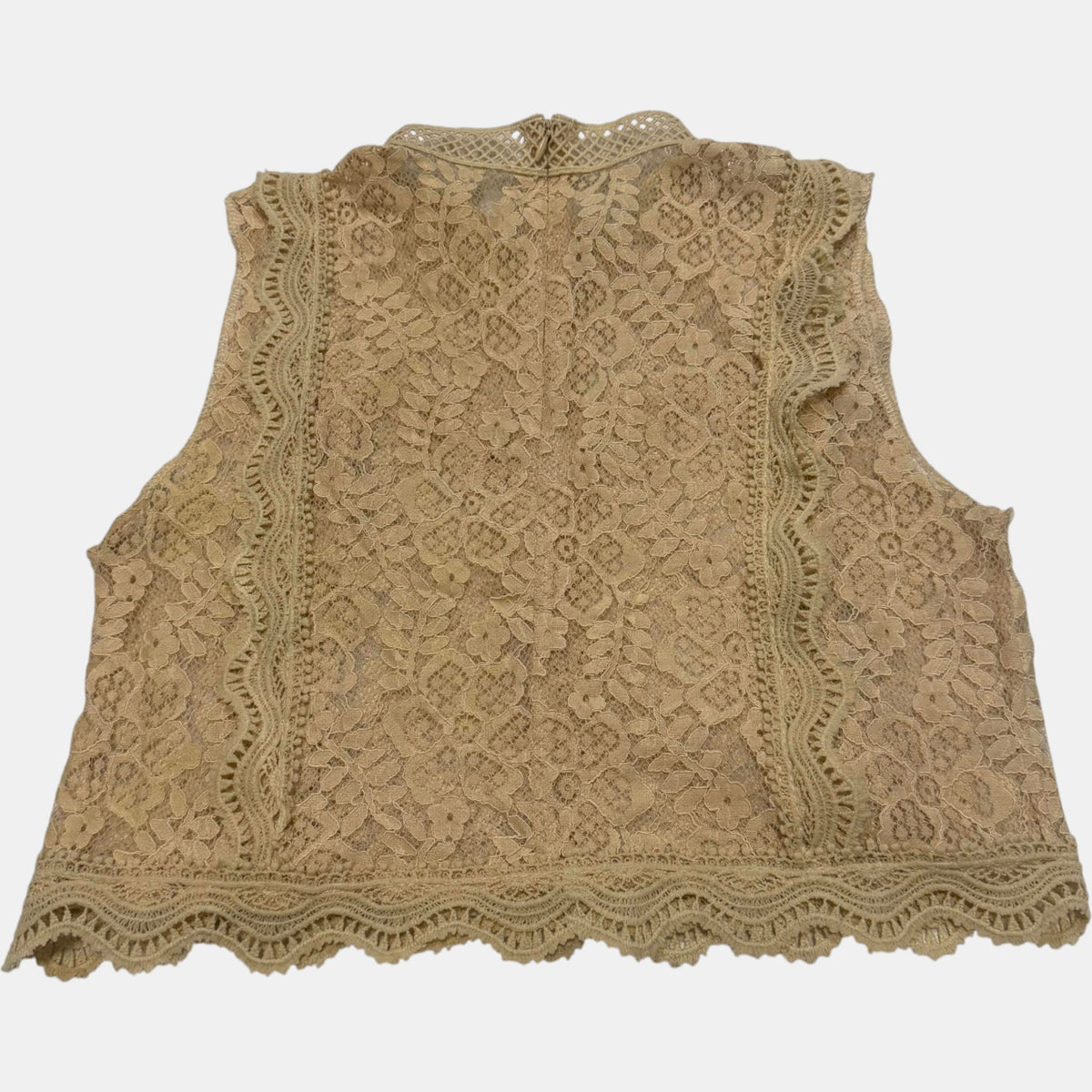 Floral Lace Mock Neck Crop Top Sleeveless Scalloped Hem Beige