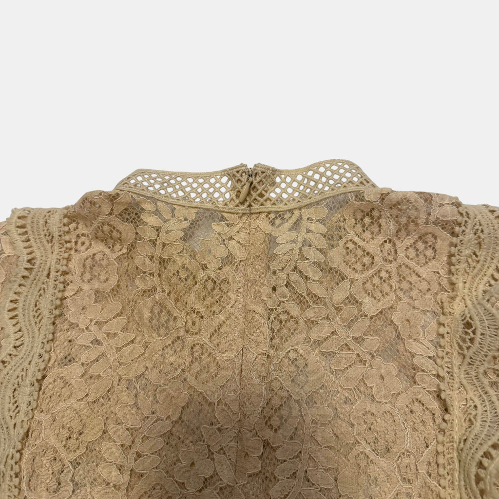 Floral Lace Mock Neck Crop Top Sleeveless Scalloped Hem Beige