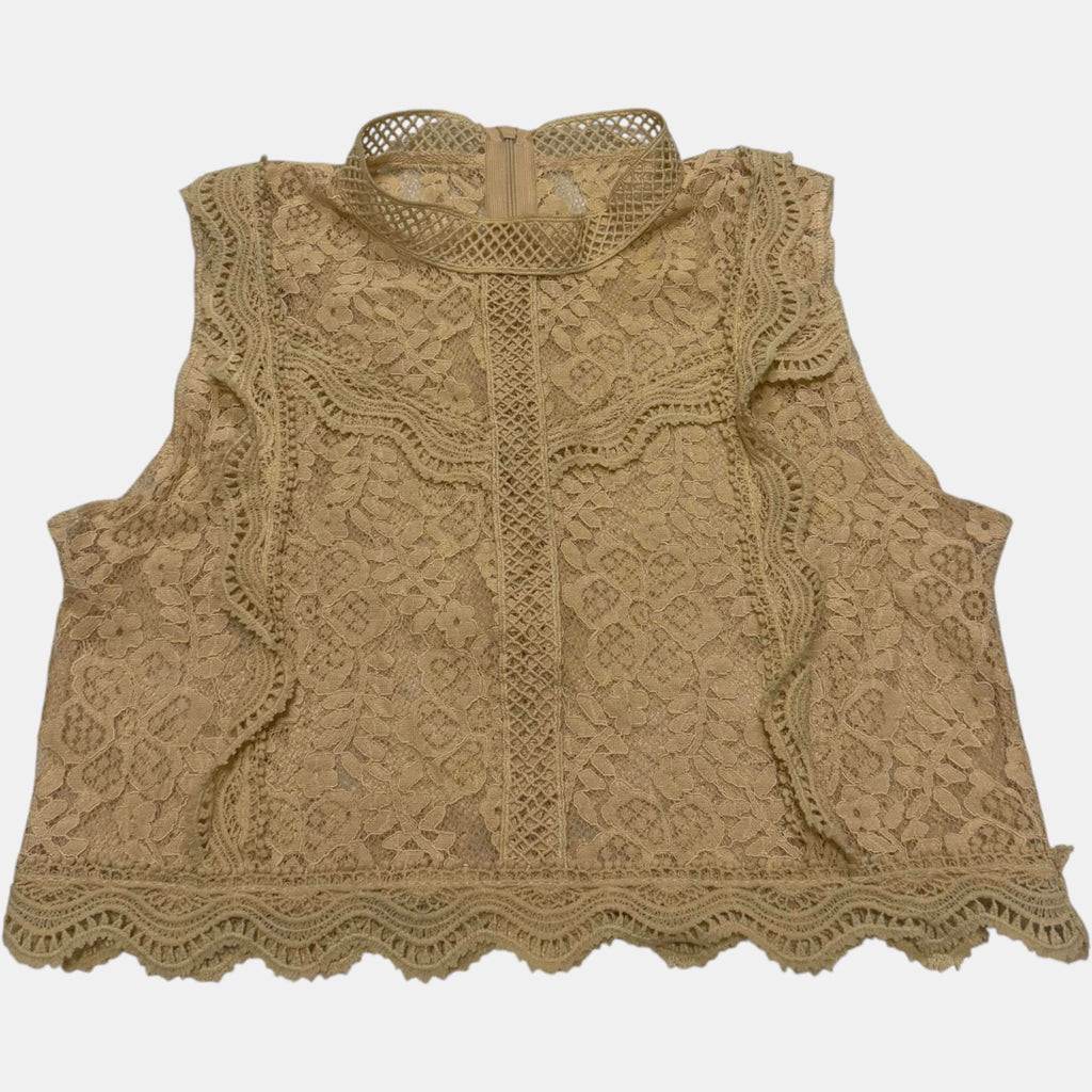 Floral Lace Mock Neck Crop Top Sleeveless Scalloped Hem Beige